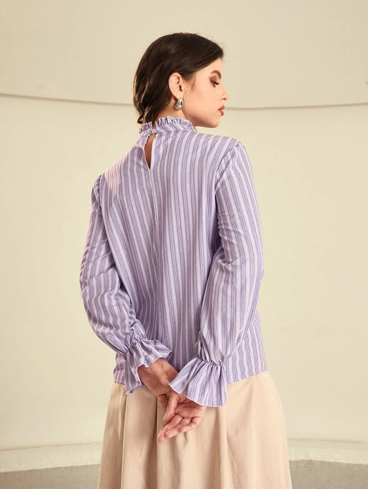 Striped Flounce Sleeve Frilled Neck Blouse