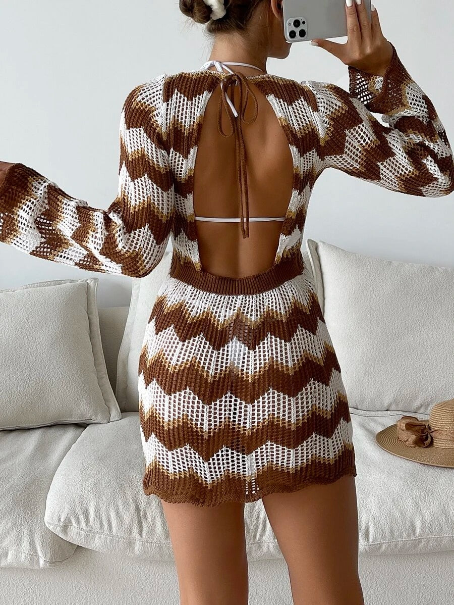 Brown Chevron Pattern Backless Knot Cover Up Dress Without Bikini