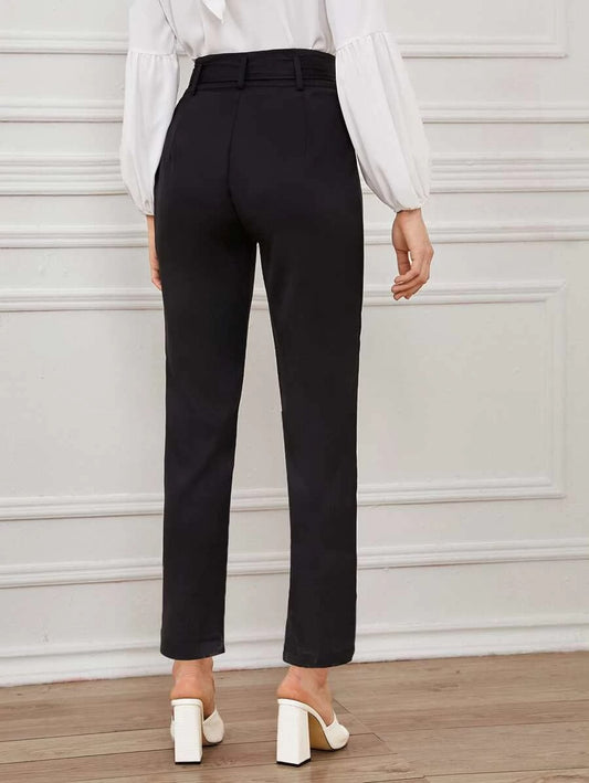 Solid Eyelet Buckle Belted Tailored Pants
