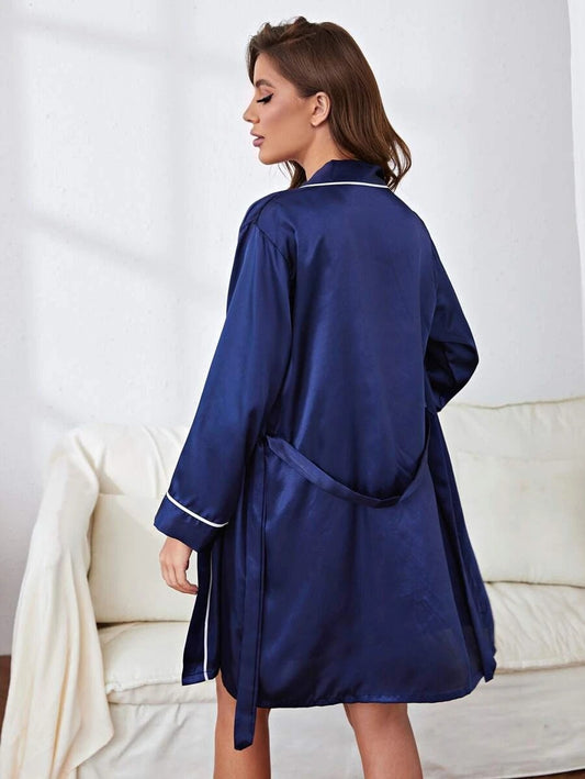 Blue Binding Belted Satin Night Robe