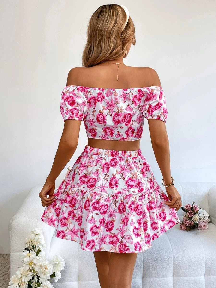 Floral Print Off Shoulder Crop Top & Skirt