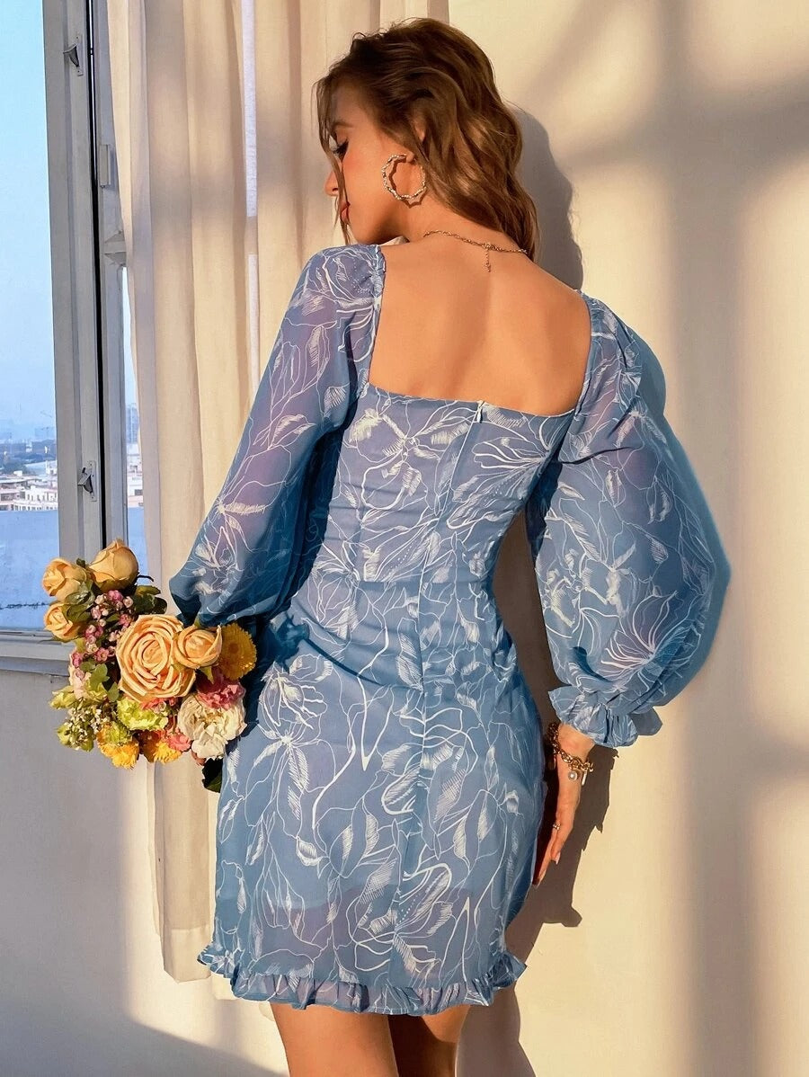 Floral Print Cut Out Flounce Sleeve Chiffon Dress