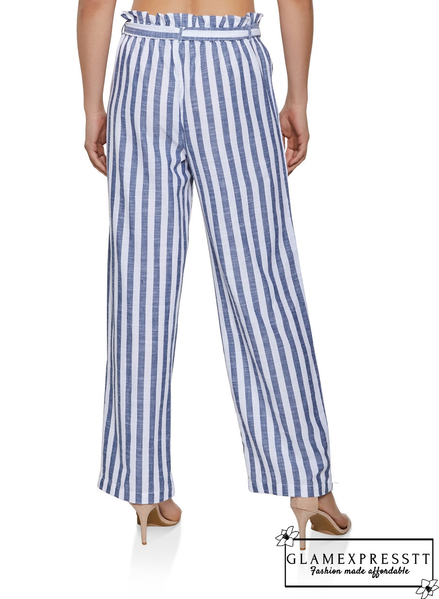 Striped Belted Linen Pants