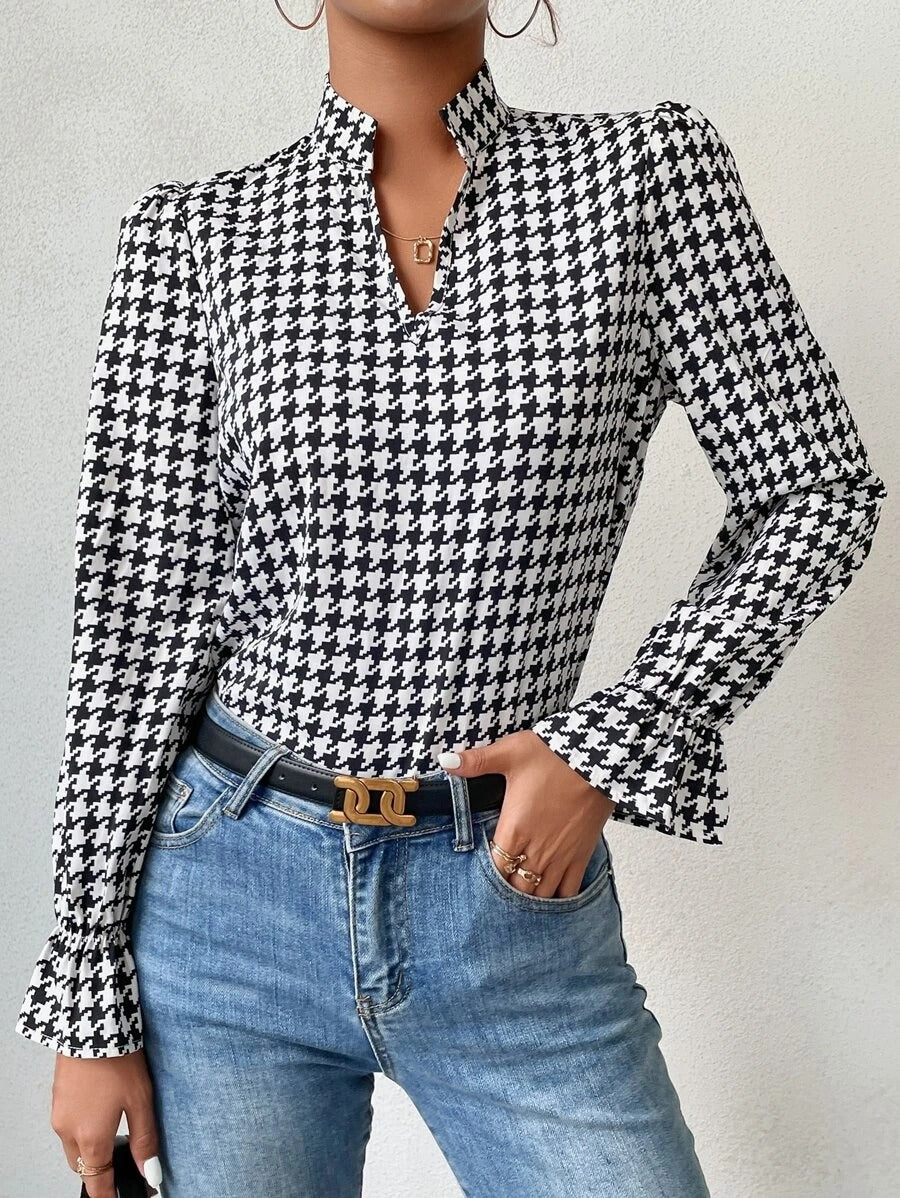Houndstooth Notched Neck Flounce Sleeve Blouse