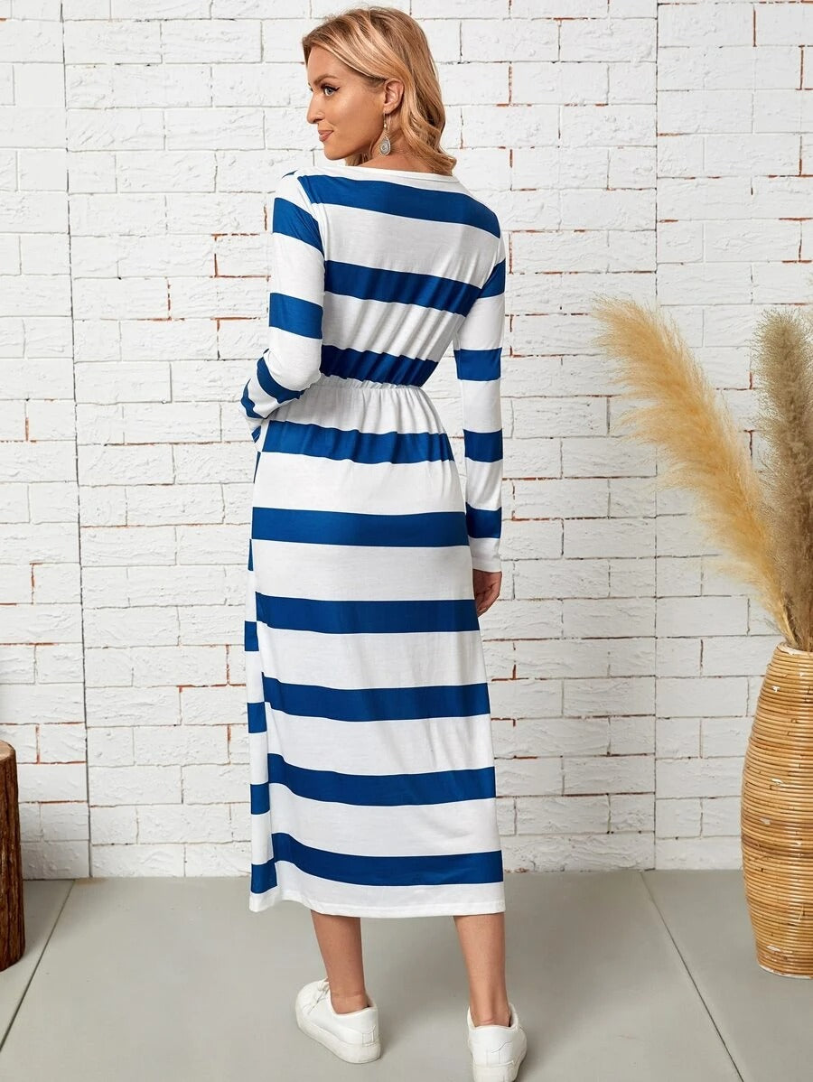 Striped Double Pocket Tie Front Dress