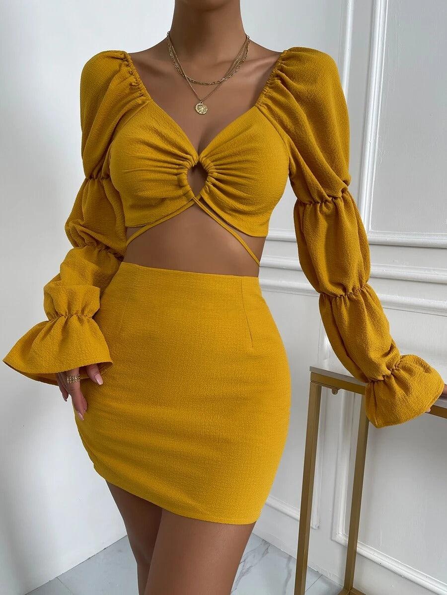 Cut Out Gathered Sleeve Flounce Cuff Crop Top & Bodycon Skirt