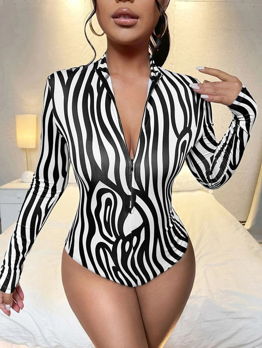 Zipper Front Zebra Striped Tee Bodysuit