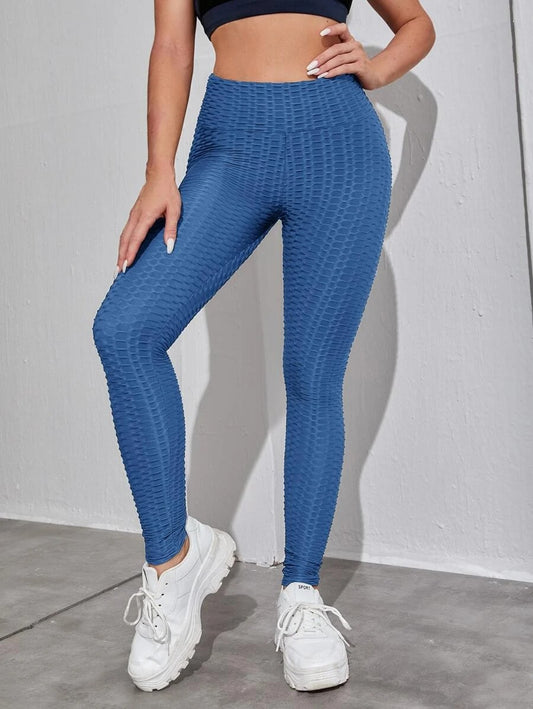 Blue Solid Honeycomb Textured Sports Leggings