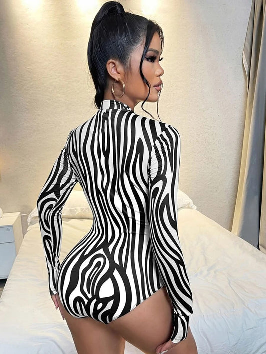 Zipper Front Zebra Striped Tee Bodysuit