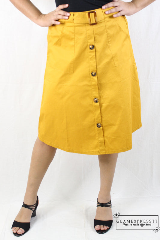 Yellow Button Down Belted Skirt